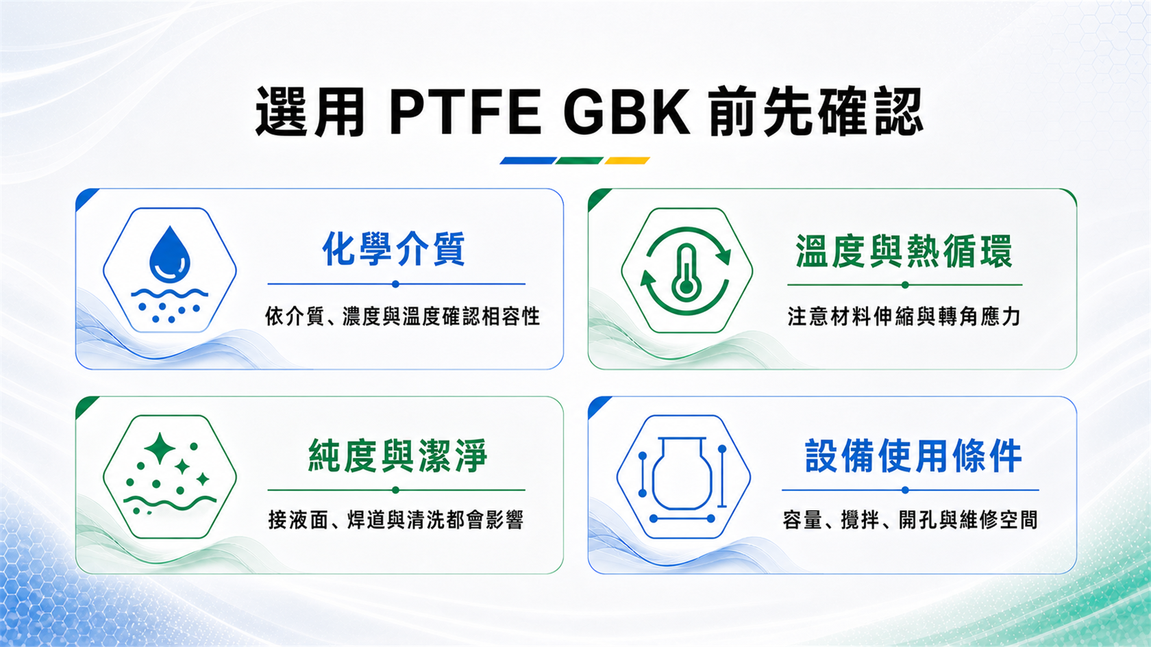 選用PTFE GBK前需確認化學介質、熱循環、潔淨度與設備條件