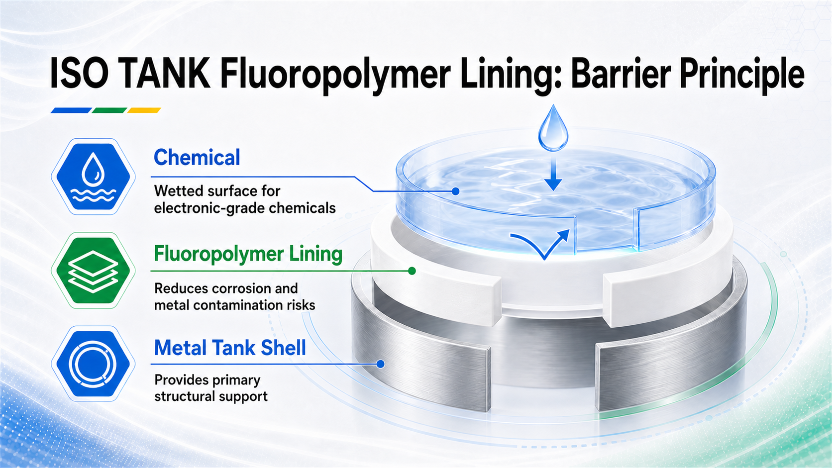 Diagram showing how an ISO TANK fluoropolymer lining separates the chemical from the metal tank shell