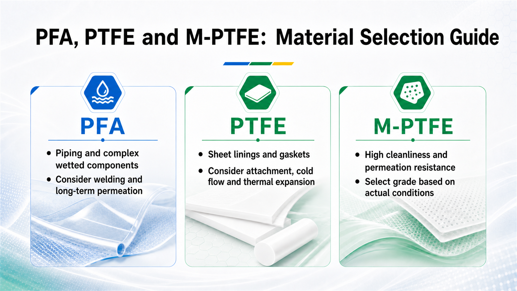 PFA, PTFE and M-PTFE selection guide covering applications, welding, cold flow, thermal expansion and permeation resistance