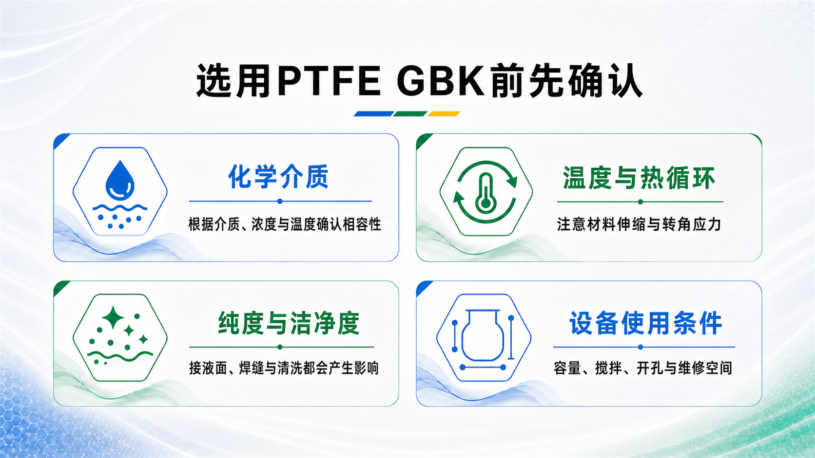 选用PTFE GBK前需确认化学介质、热循环、洁净度与设备条件