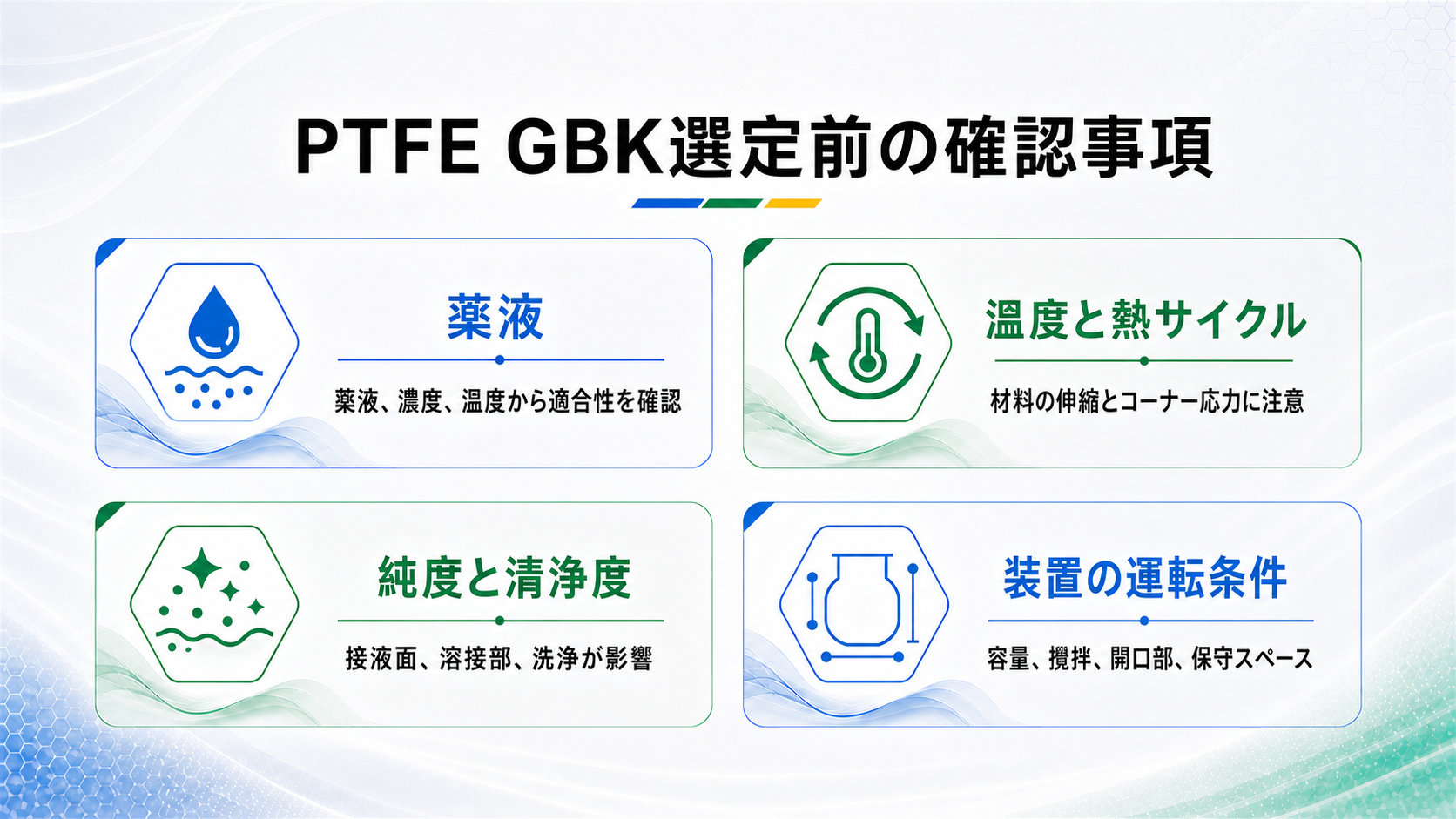 PTFE GBK選定前に確認する薬液、熱サイクル、清浄度、装置条件